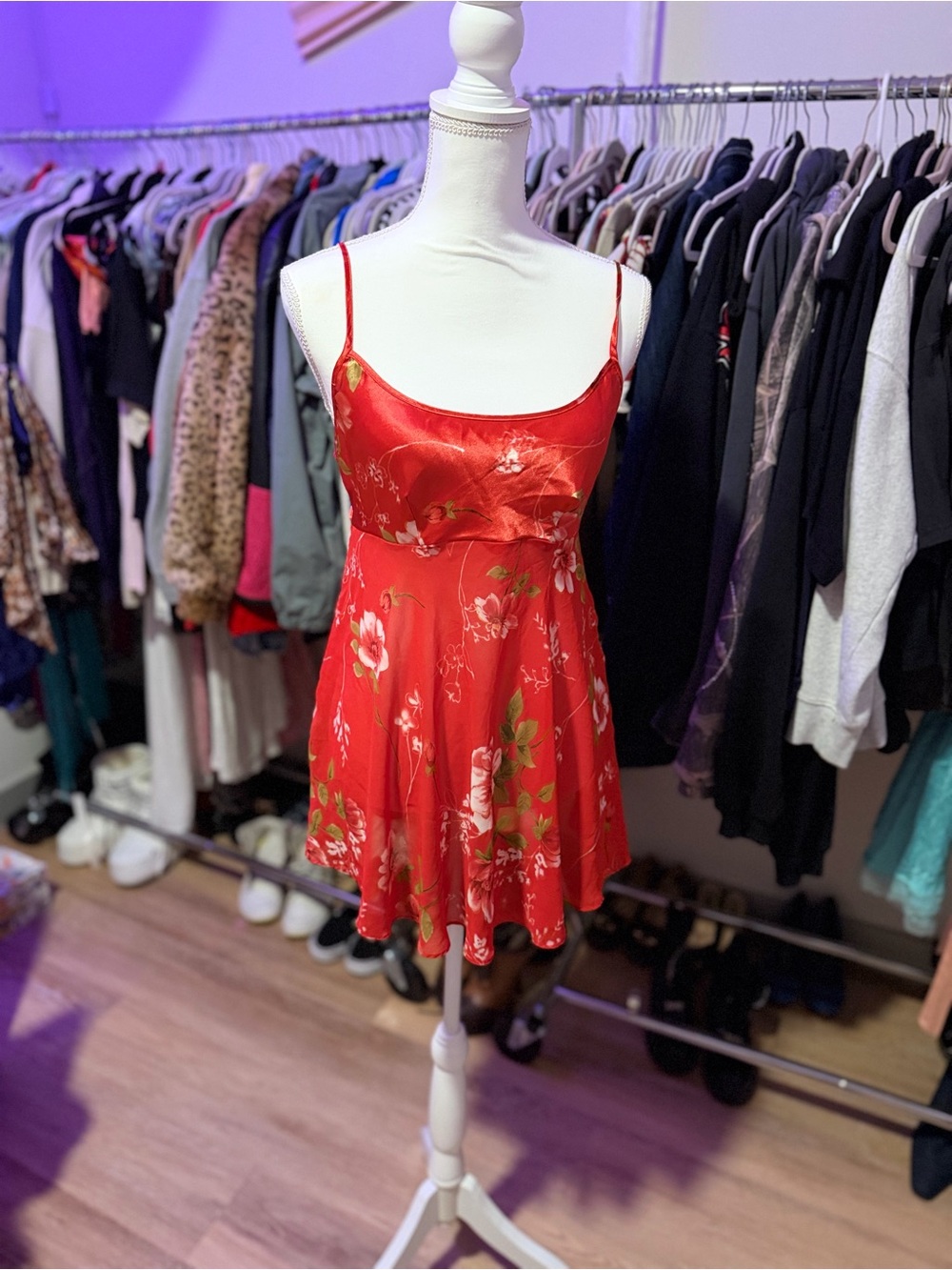 Women's Red Floral Satin Slip Dress with Spaghetti Straps